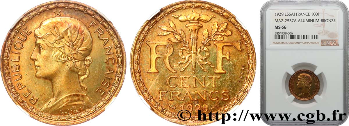 Concours de 100 francs or, essai de Guilbert en bronze-aluminium 1929 Paris GEM.286 4 MS66 NGC