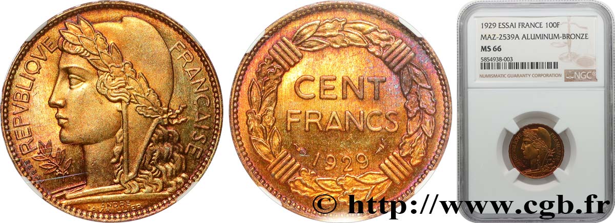 Concours de 100 francs or, essai de Lavrillier en bronze-aluminium 1929 Paris GEM.287 4 MS66 NGC
