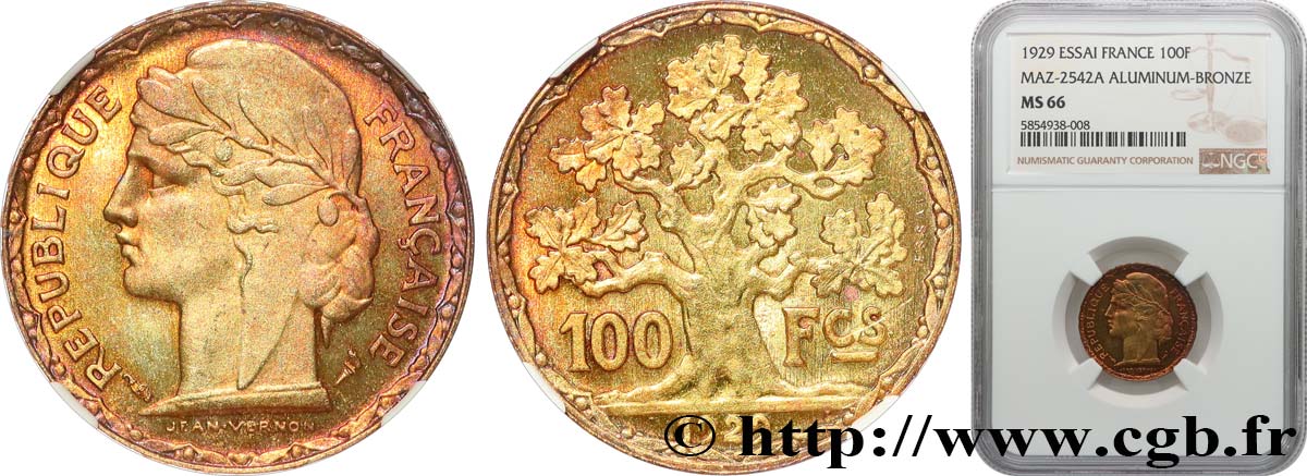 Concours de 100 francs or, essai de Vernon en bronze-aluminium 1929 Paris GEM.284 4 FDC66 NGC
