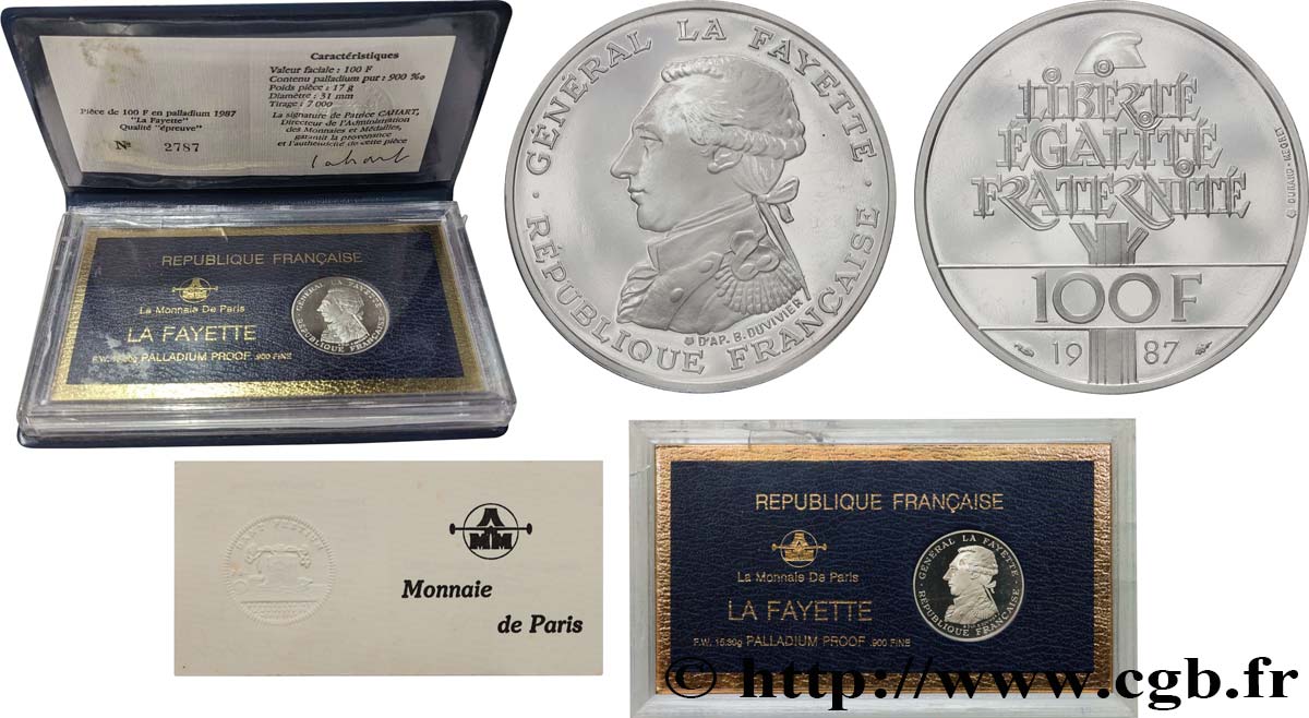 Belle Épreuve de 100 francs La Fayette en Palladium 1987 Pessac F5.1603 4 MS 