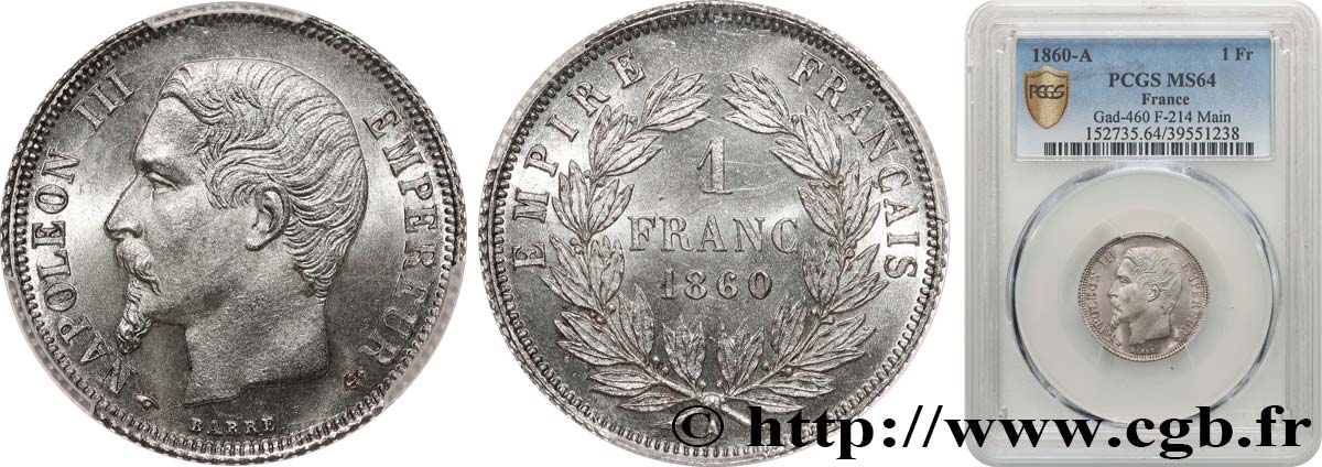 1 franc Napoléon III, tête nue 1860 Paris F.214/14 MS64 PCGS