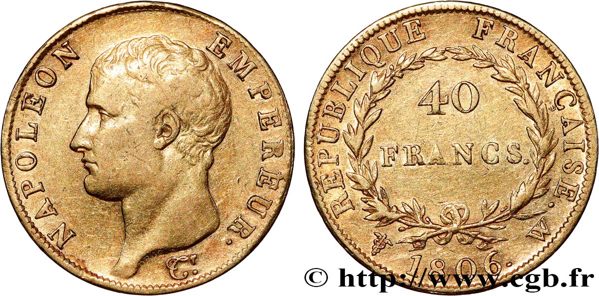 40 francs or Napoléon tête nue, Calendrier grégorien 1806 Lille F.538/5 XF 