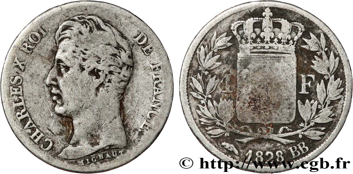 1 franc Charles X, matrice du revers à quatre feuilles 1828 Strasbourg F.207A/5 q.MB 