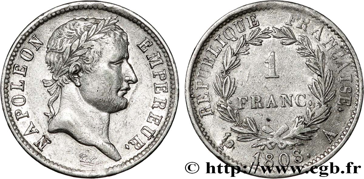 1 franc Napoléon Ier tête laurée, République française 1808 Paris F.204/2 XF 