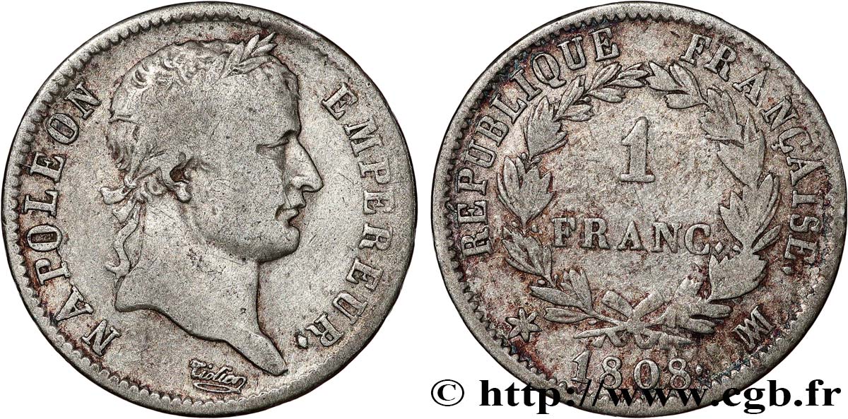 1 franc Napoléon Ier tête laurée, République française 1808 Marseille F.204/11 TB25 
