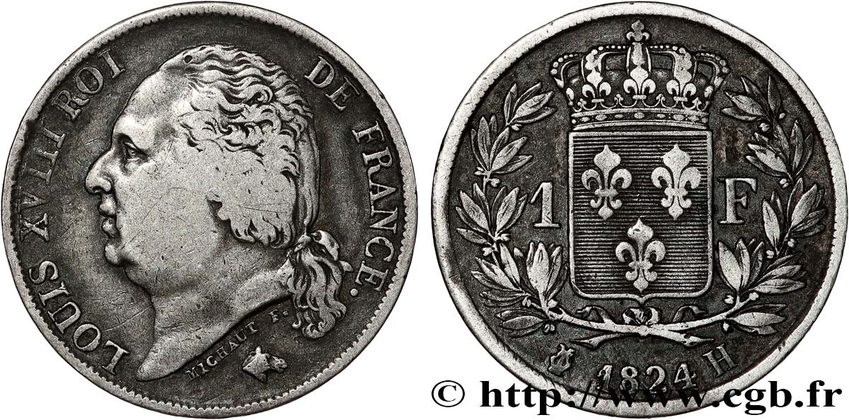 1 franc Louis XVIII 1824 La Rochelle F.206/59 VF 