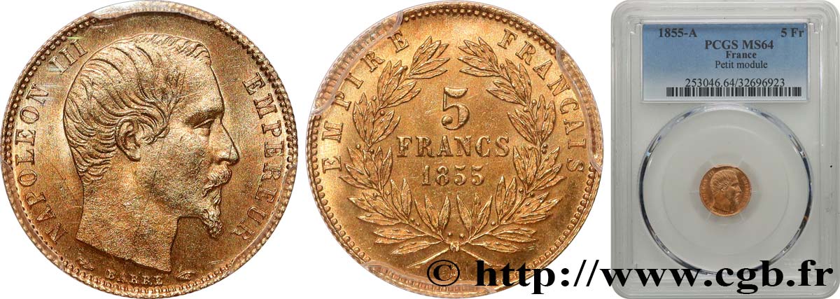 5 francs or Napoléon III, tête nue, petit module, tranche cannelée 1855 Paris F.500A/2 fST64 PCGS