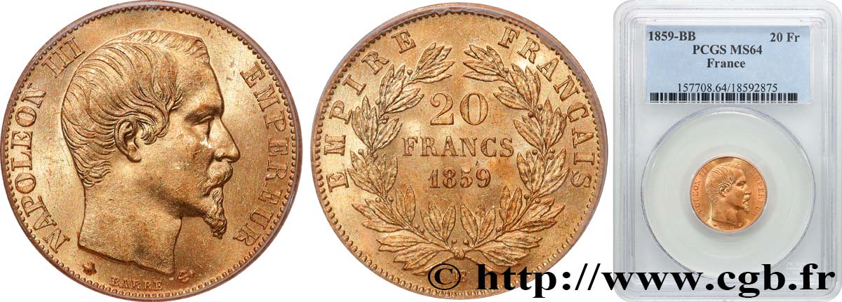 20 francs or Napoléon III, tête nue 1859 Strasbourg F.531/16 fST64 PCGS