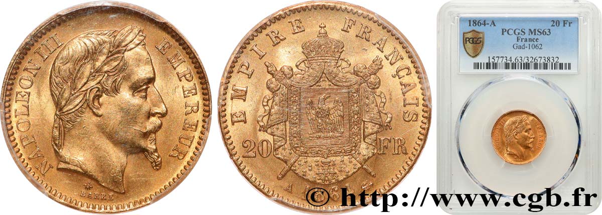 20 francs or Napoléon III, tête laurée 1864 Paris F.532/8 SPL63 PCGS