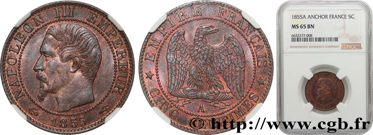 Cinq centimes Napoléon III, tête nue 1855 Paris F.116/17 FDC65 NGC
