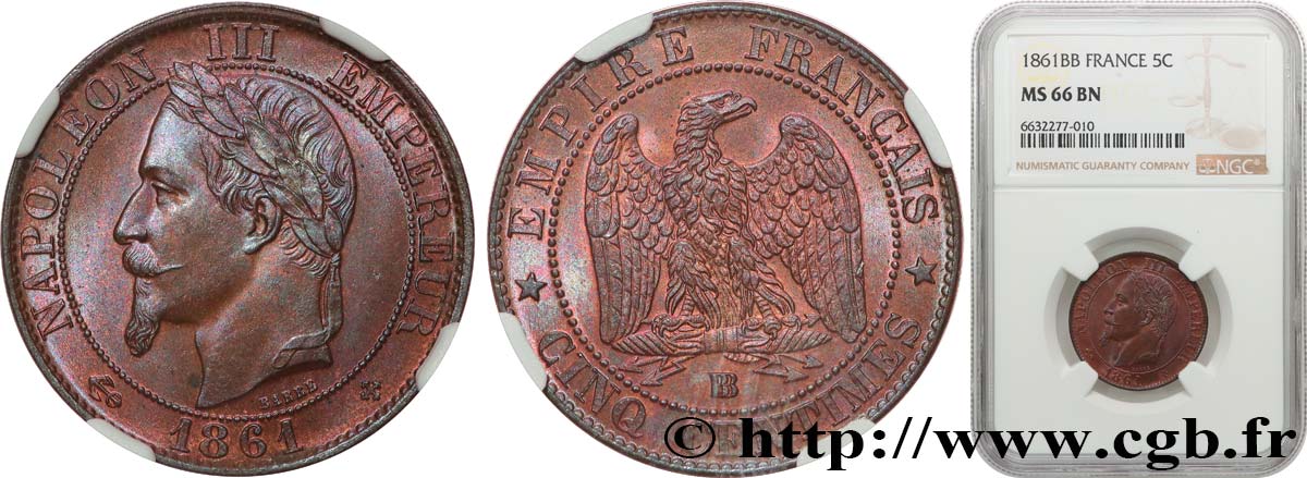 Cinq centimes Napoléon III, tête laurée 1861 Strasbourg F.117/5 ST66 NGC