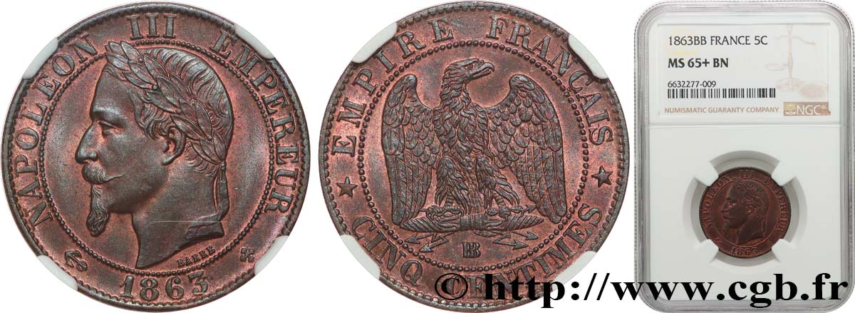 Cinq centimes Napoléon III, tête laurée 1863 Strasbourg F.117/11 FDC65 NGC