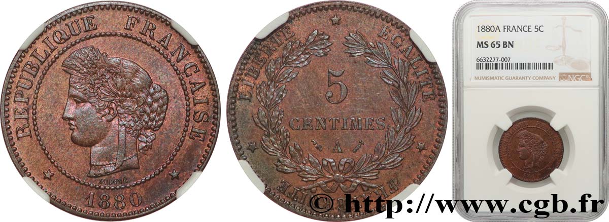 5 centimes Cérès 1880 Paris F.118/21 FDC65 NGC