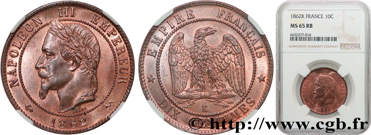 Dix centimes Napoléon III, tête laurée 1862 Bordeaux F.134/9 ST65 NGC