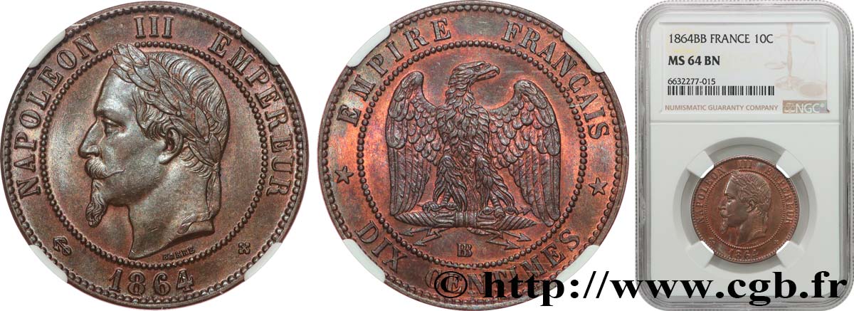 Dix centimes Napoléon III, tête laurée 1864 Strasbourg F.134/14 fST64 NGC