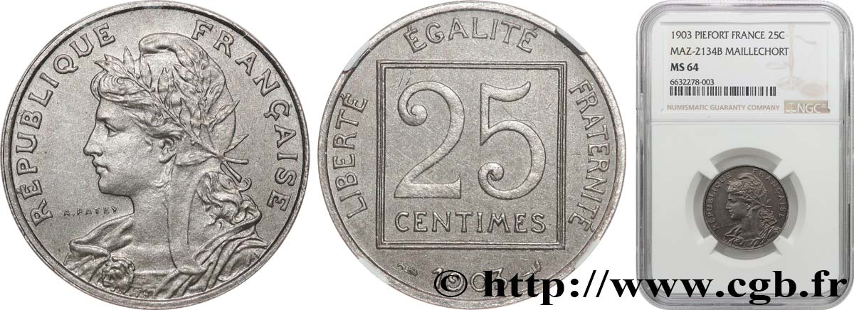 Piéfort de 25 centimes Patey, 1er type, sans le mot ESSAI 1903 Paris GEM.60 P2 MS64 NGC