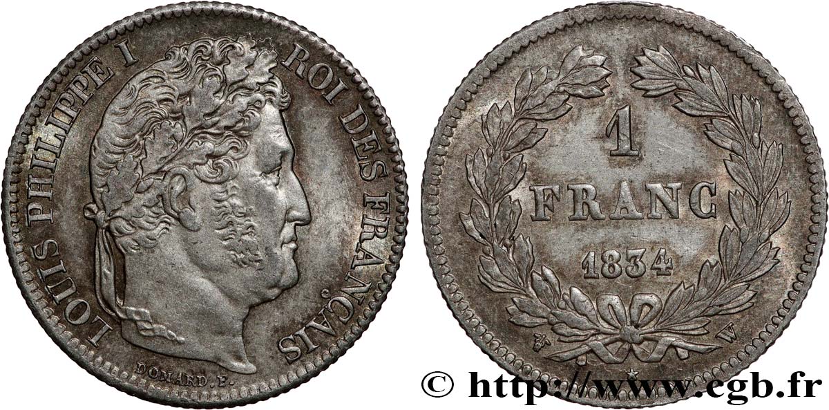1 franc Louis-Philippe, couronne de chêne 1834 Lille F.210/39 AU53 