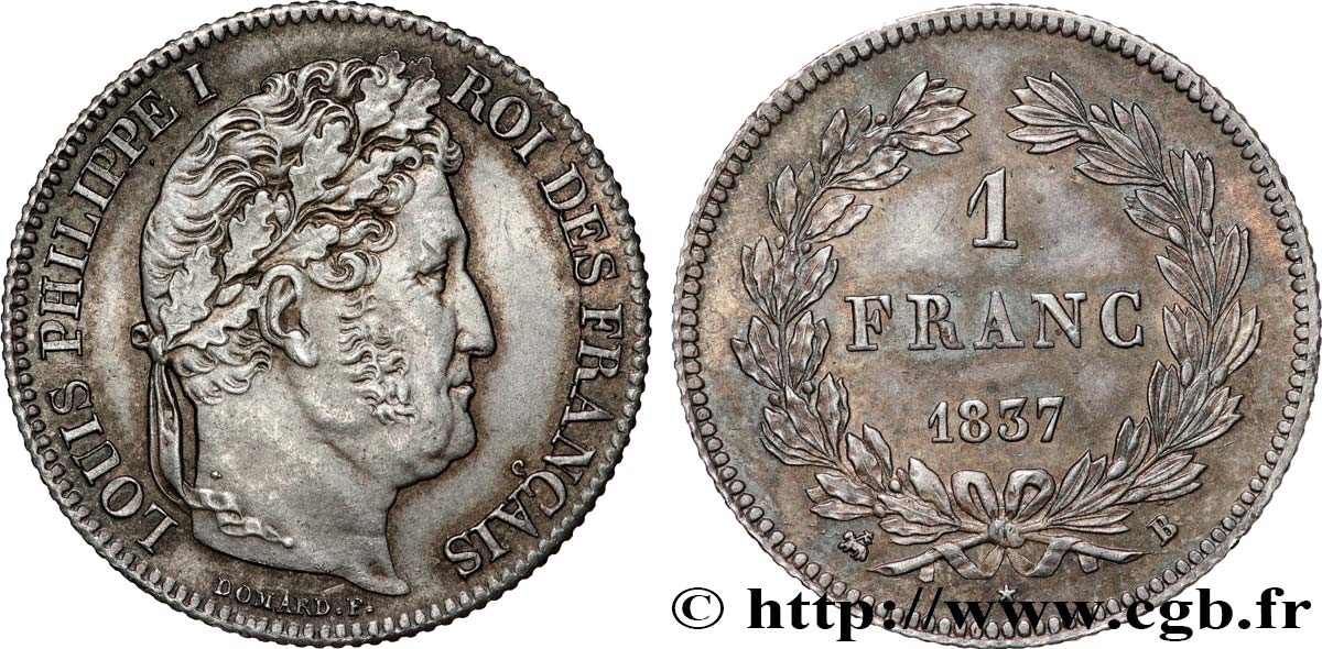1 franc Louis-Philippe, couronne de chêne 1837 Rouen F.210/56 EBC 