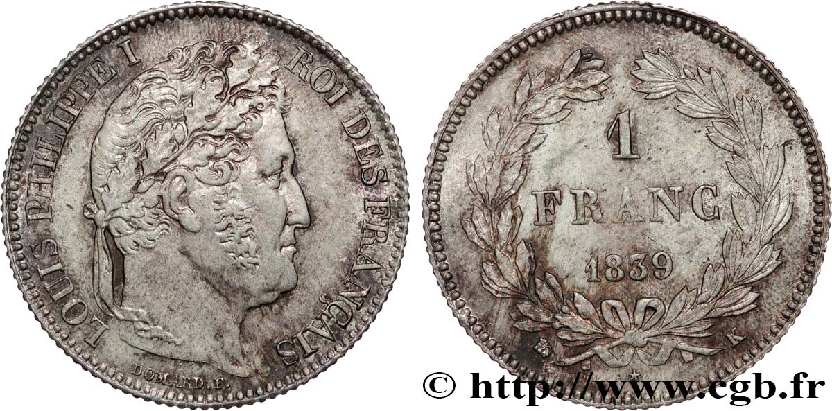 1 franc Louis-Philippe, couronne de chêne 1839 Bordeaux F.210/71 AU55 