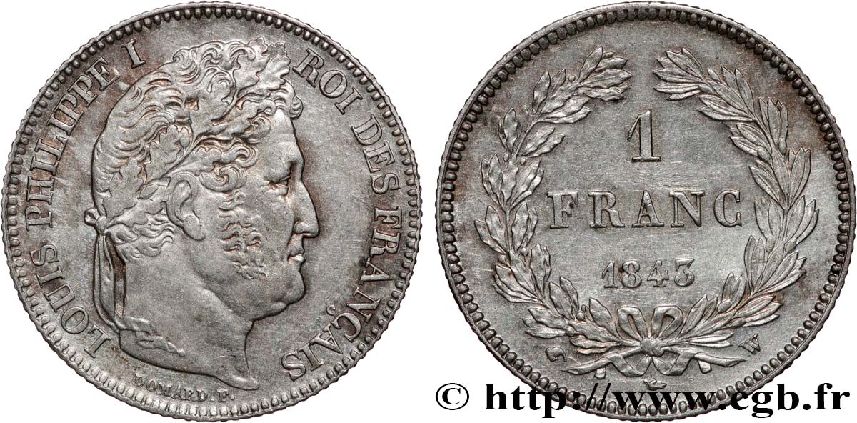 1 franc Louis-Philippe, couronne de chêne 1843 Lille F.210/94 TTB53 