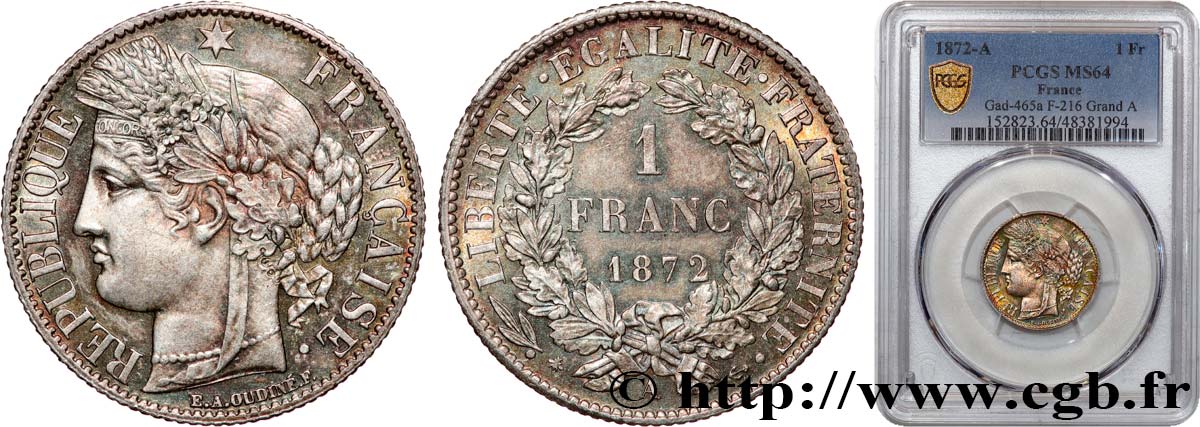 1 franc Cérès Troisième république 1872 Paris F.216/4 fST64 PCGS