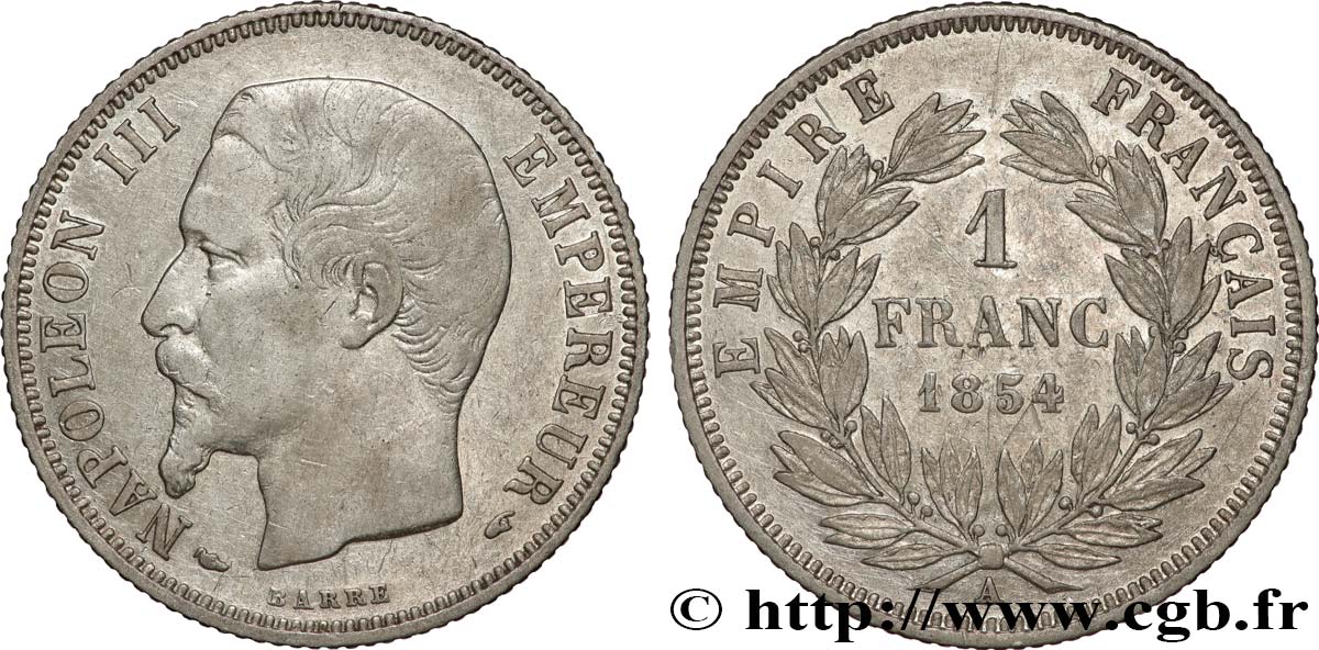 1 franc Napoléon III, tête nue 1854 Paris F.214/2 VF 