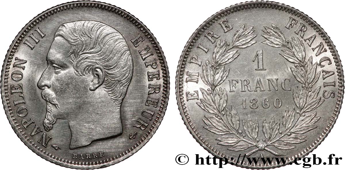 1 franc Napoléon III, tête nue 1860 Paris F.214/14 SUP+ 