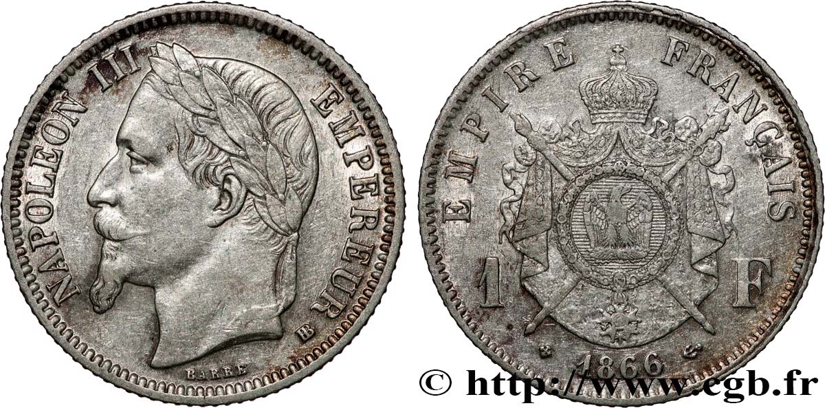 1 franc Napoléon III, tête laurée 1866 Strasbourg F.215/4 MBC 