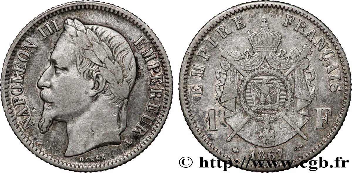 1 franc Napoléon III, tête laurée 1867 Paris F.215/6 fSS 