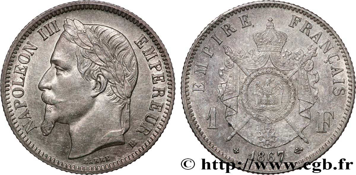 1 franc Napoléon III, tête laurée 1867 Strasbourg F.215/7 EBC58 