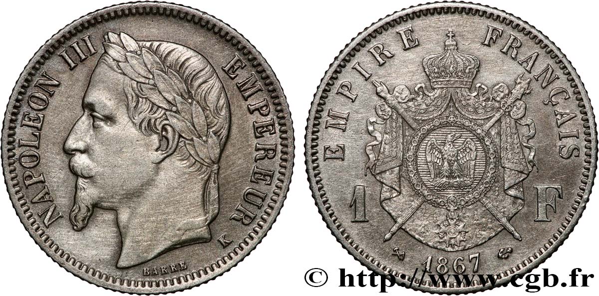 1 franc Napoléon III, tête laurée 1867 Bordeaux F.215/9 XF/AU 
