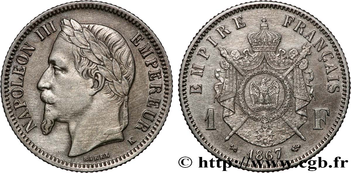 1 franc Napoléon III, tête laurée 1867 Bordeaux F.215/9 MBC/MBC+ 