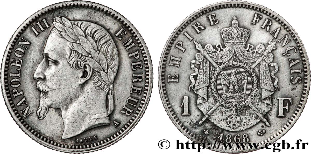 1 franc Napoléon III, tête laurée 1868 Paris F.215/10 fVZ 