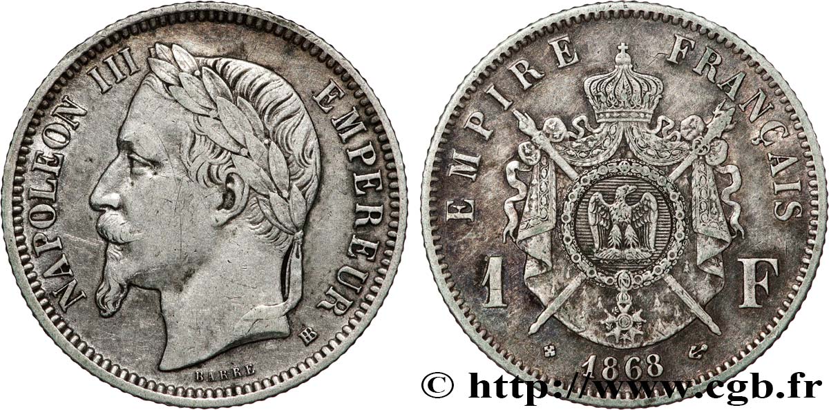 1 franc Napoléon III, tête laurée 1868 Strasbourg F.215/11 XF 