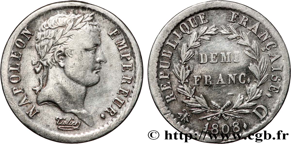 Demi-franc Napoléon Ier tête laurée, République française 1808 Lyon F.177/5 XF 
