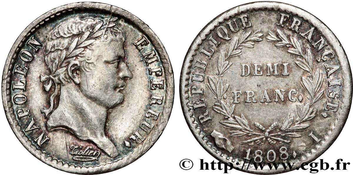 Demi-franc Napoléon Ier tête laurée, République française 1808 Limoges F.177/8 TTB+ 