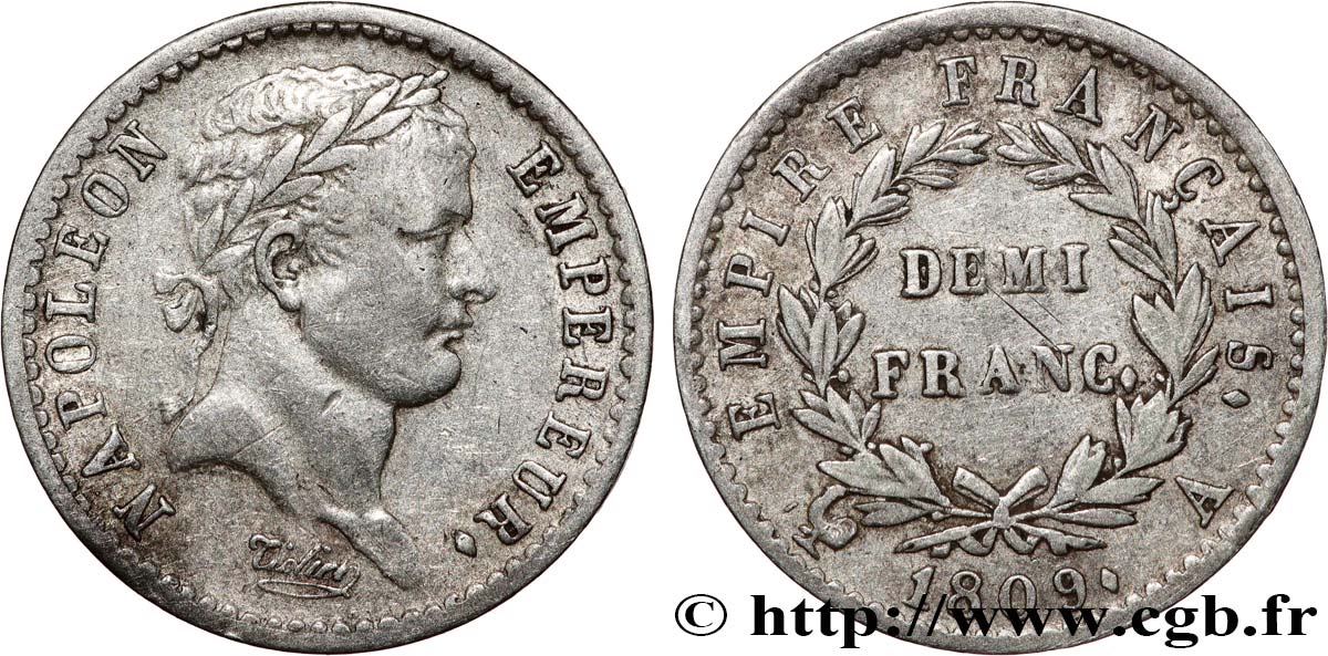 Demi-franc Napoléon Ier tête laurée, Empire français 1809 Paris F.178/1 TTB40 