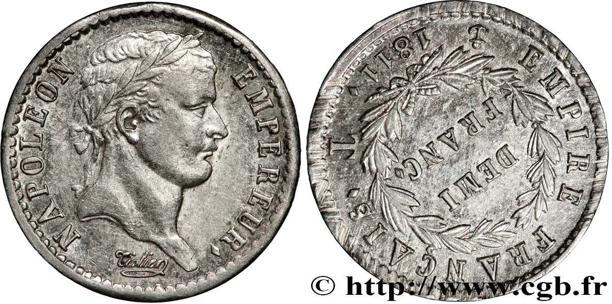 Demi-franc Napoléon Ier tête laurée, Empire français, Fauté Coins Tournés à 5h 1811 Nantes F.178/32 AU55 
