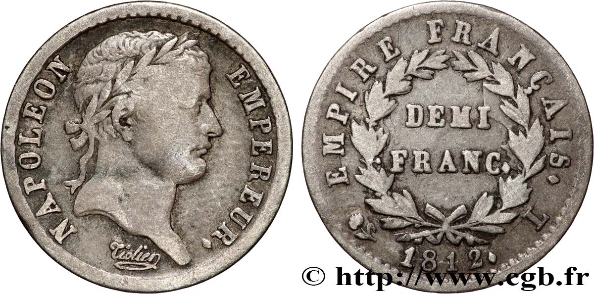 Demi-franc Napoléon Ier tête laurée, Empire français 1812 Bayonne F.178/41 MB25 