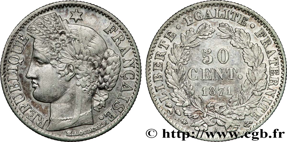 50 centimes Cérès, Troisième République 1871 Paris F.189/1 MBC 