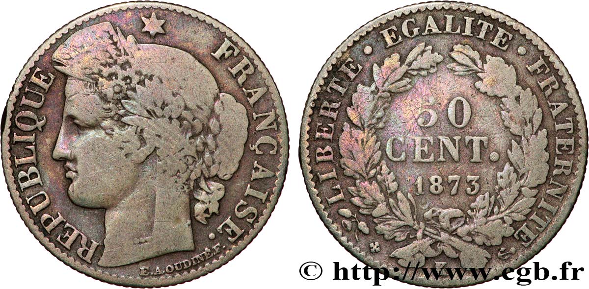 50 centimes Cérès, IIIe République 1873 Bordeaux F.189/6 B+ 