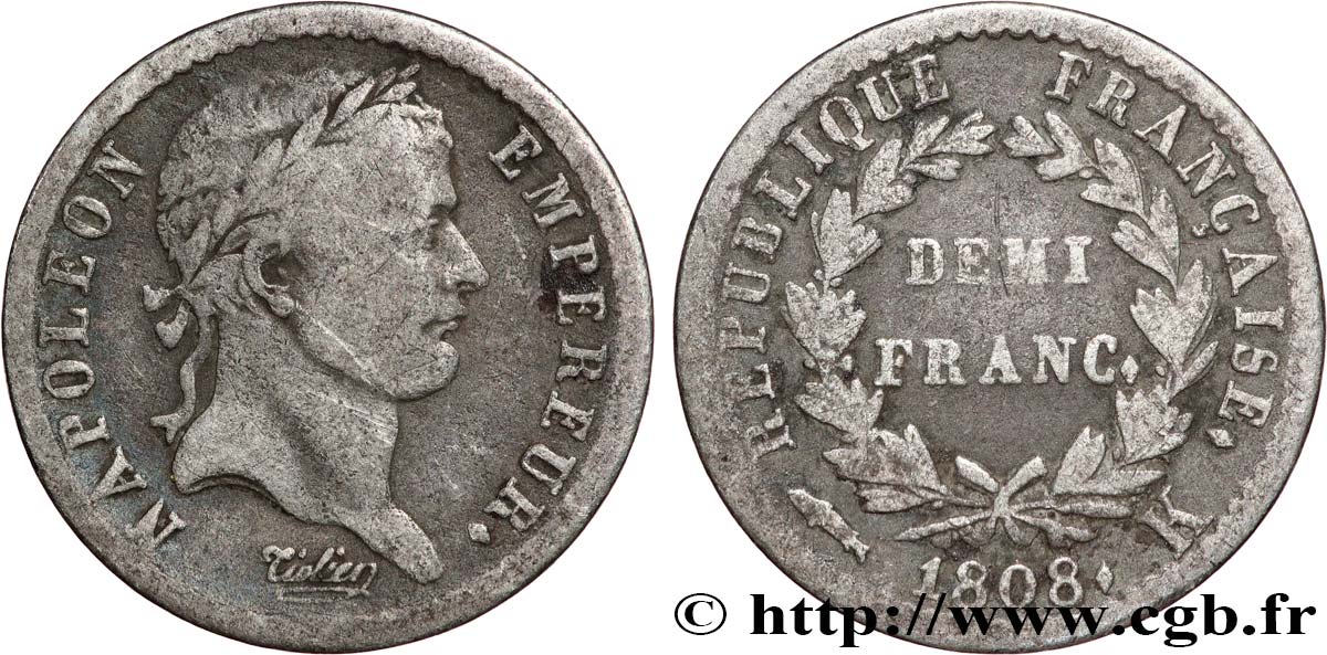 Demi-franc Napoléon Ier tête laurée, République française, buste fin 1808 Bordeaux F.177/9 TB15 