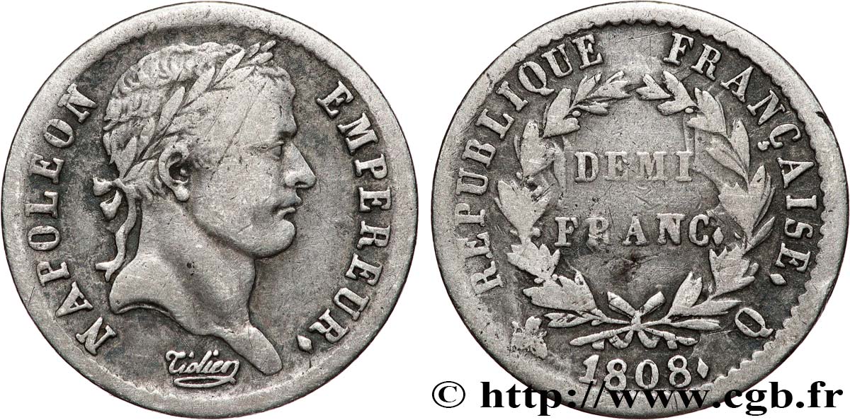 Demi-franc Napoléon Ier tête laurée, République française 1808 Perpignan F.177/13 MB 