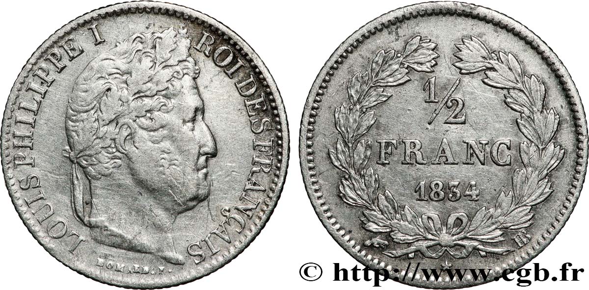 1/2 franc Louis-Philippe 1834 Strasbourg F.182/42 VF 