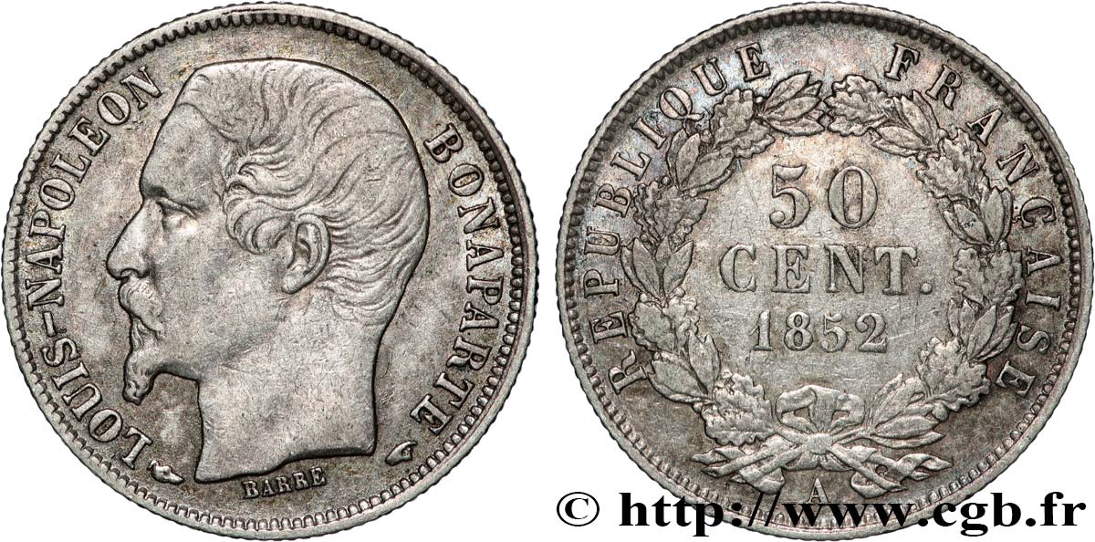 50 centimes Louis-Napoléon 1852 Paris F.185/1 XF 