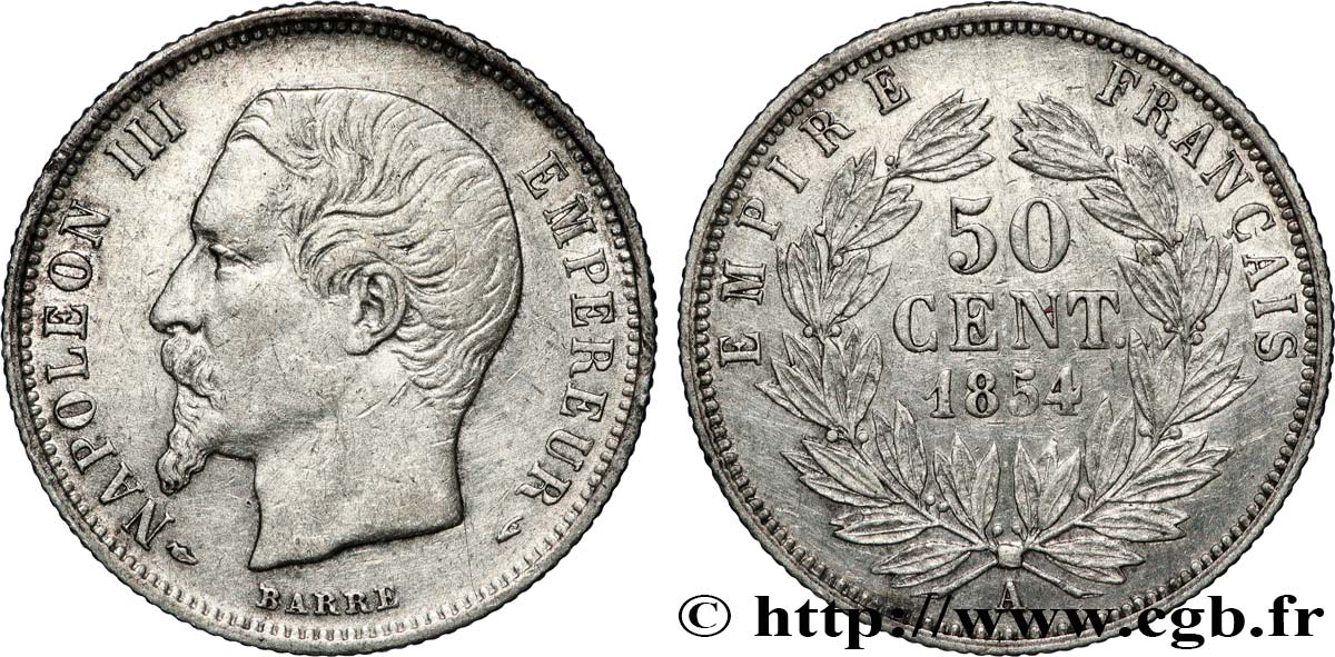50 centimes Napoléon III, tête nue 1854 Paris F.187/2 TTB+ 