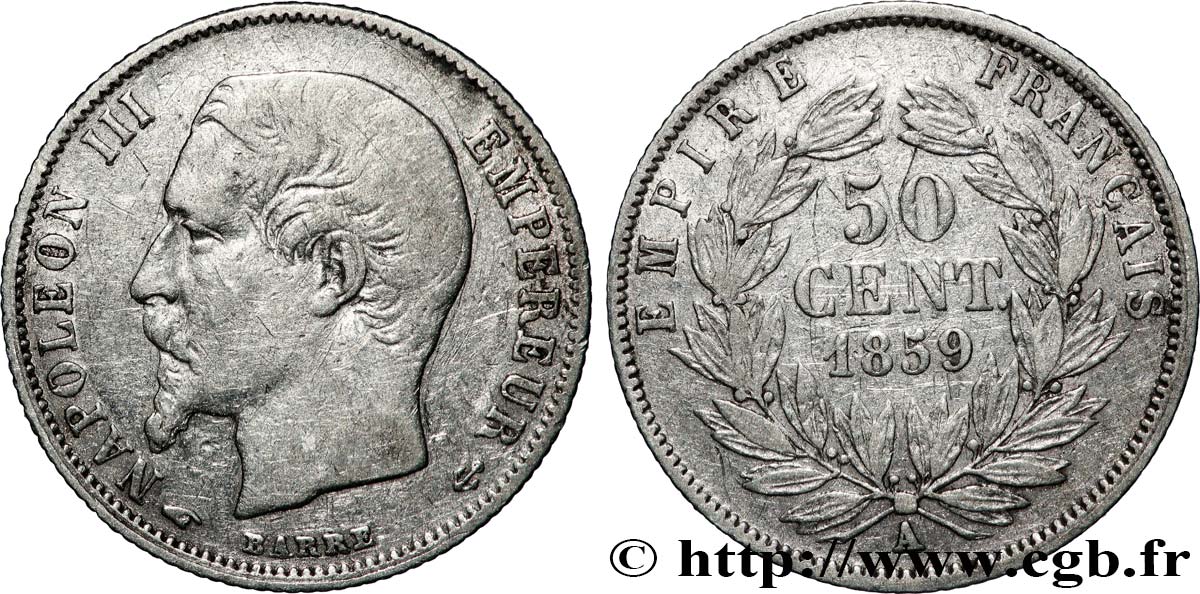 50 centimes Napoléon III, tête nue 1859 Paris F.187/10 VF 