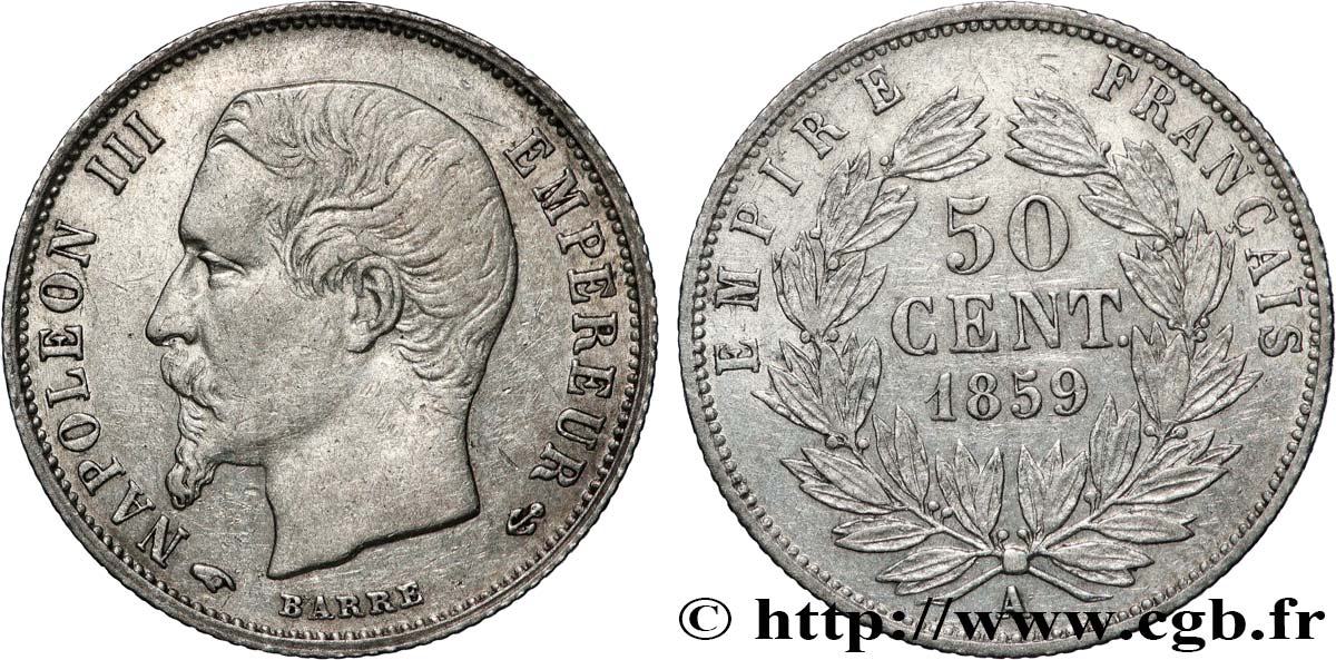 50 centimes Napoléon III, tête nue 1859 Paris F.187/10 TTB50 