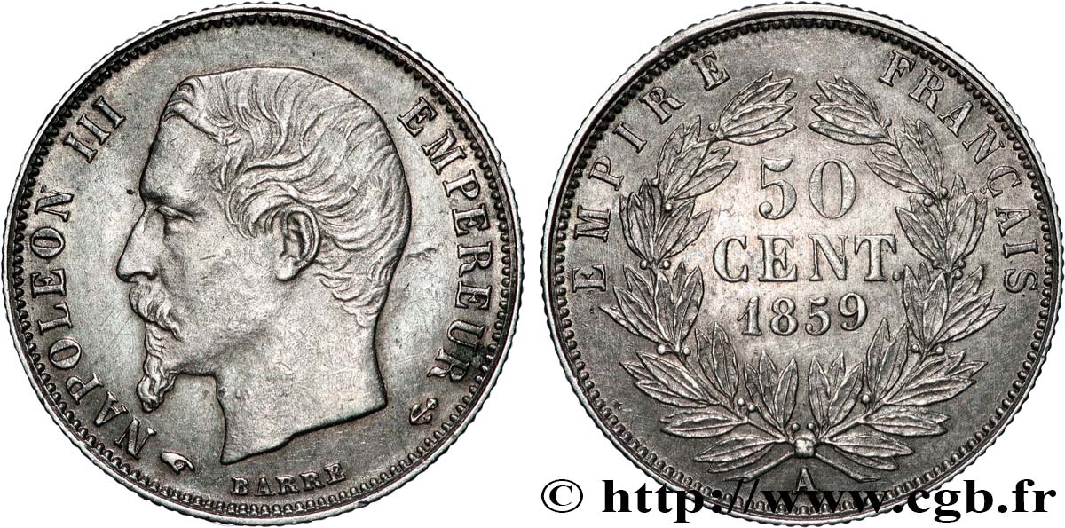 50 centimes Napoléon III, tête nue 1859 Paris F.187/10 SPL55 