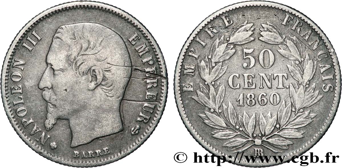 50 centimes Napoléon III, tête nue 1860 Strasbourg F.187/15 MB 